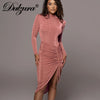 Dulzura 2023 Autumn Winter Women Solid Long Sleeve Ruched Drawstring Irregular Midi Dress Lace Up Bodycon Elegant Party Clothes