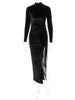 Dulzura 2022 Autumn Winter Women Solid Velvet Long Sleeve Ruched Midi Dress Side Slit Bodycon Sexy Streetwear Party Elegant Club
