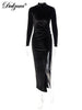 Dulzura 2022 Autumn Winter Women Solid Velvet Long Sleeve Ruched Midi Dress Side Slit Bodycon Sexy Streetwear Party Elegant Club