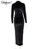 Dulzura 2022 Autumn Winter Women Solid Velvet Long Sleeve Ruched Midi Dress Side Slit Bodycon Sexy Streetwear Party Elegant Club