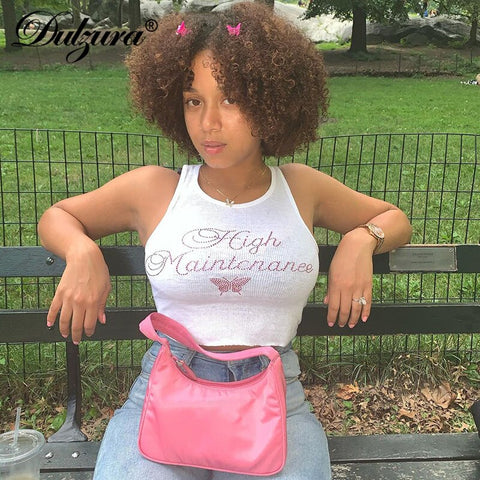 Dulzura Letter Butterfly Rhinestone Ribbed Women Crop Top Tanks Bodycon Sexy Streetwear Casual 2022 Spring Summer Party Club
