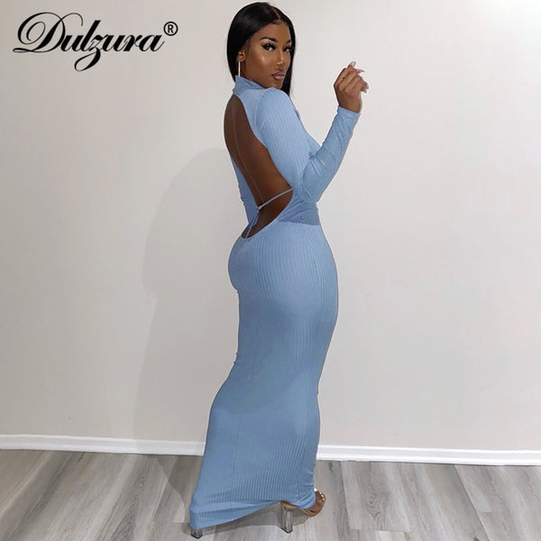 Dulzura Pure Knitted Women Long Sleeve Midi Dress High Neck Backless Hollow Out Bodycon Sexy Streetwear 2022 Autumn Winter
