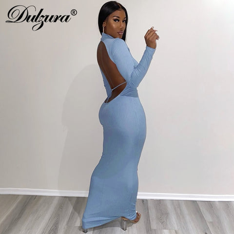 Dulzura Pure Knitted Women Long Sleeve Midi Dress High Neck Backless Hollow Out Bodycon Sexy Streetwear 2022 Autumn Winter