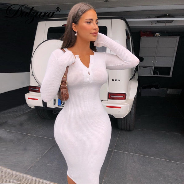 Dulzura Ribbed Knitted Women Pure Midi Dress Solid Long Sleeve Buttons Bodycon Sexy Party Elegant 2022 Autumn Winter Club