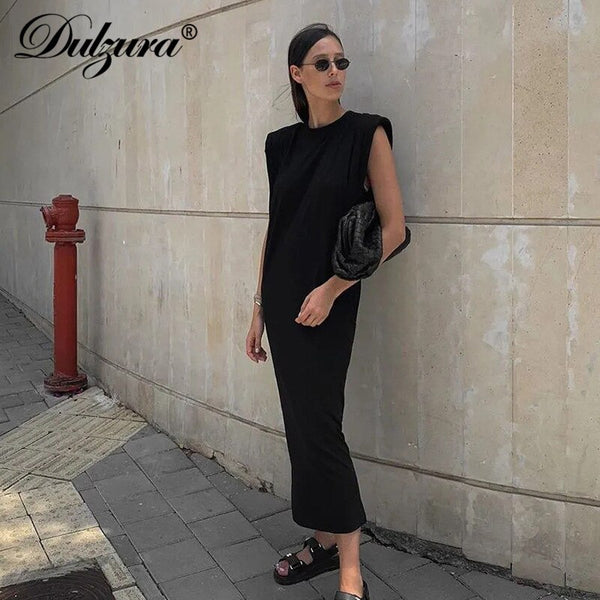 Dulzura Sleeveless Midi Dress Shoulder Pad Straight Women Elegant Party Solid Behind Slit Streetwear Casual 2022 Autumn Winter