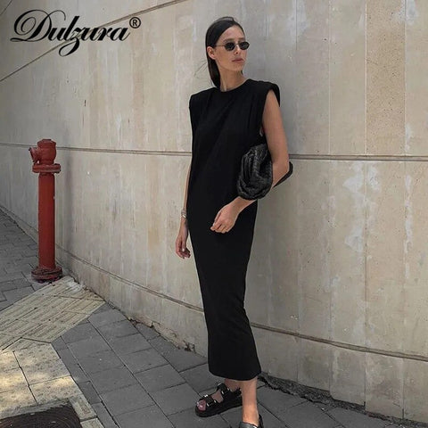 Dulzura Sleeveless Midi Dress Shoulder Pad Straight Women Elegant Party Solid Behind Slit Streetwear Casual 2022 Autumn Winter