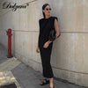 Dulzura Sleeveless Midi Dress Shoulder Pad Straight Women Elegant Party Solid Behind Slit Streetwear Casual 2022 Autumn Winter
