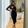 Dulzura Solid Hollow Out Women Long Sleeve Slit Midi Dress V Neck Bodycon Sexy Streetwear Party Elegant Club 2022 Summer Clothes