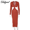 Dulzura Solid Hollow Out Women Long Sleeve Slit Midi Dress V Neck Bodycon Sexy Streetwear Party Elegant Club 2022 Summer Clothes