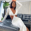 Dulzura Solid Hollow Out Women Long Sleeve Slit Midi Dress V Neck Bodycon Sexy Streetwear Party Elegant Club 2022 Summer Clothes
