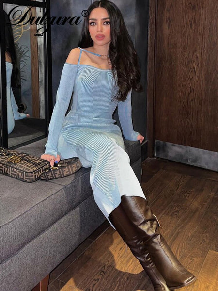 Dulzura Solid Ribbed Women Long Sleeve Off Shoulder Strap Midi Dress Bodycon Sexy Streetwear Party Club Festival Evening 2023