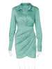 Dulzura Solid Satin Women Long Sleeve V Neck Ruched Wrap Mini Dress Bodycon Sexy Party Elegant 2022 Autumn Winter Clothes