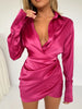 Dulzura Solid Satin Women Long Sleeve V Neck Ruched Wrap Mini Dress Bodycon Sexy Party Elegant 2022 Autumn Winter Clothes