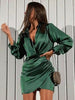 Dulzura Solid Satin Women Long Sleeve V Neck Ruched Wrap Mini Dress Bodycon Sexy Party Elegant 2022 Autumn Winter Clothes