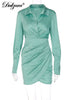 Dulzura Solid Satin Women Long Sleeve V Neck Ruched Wrap Mini Dress Bodycon Sexy Party Elegant 2022 Autumn Winter Clothes