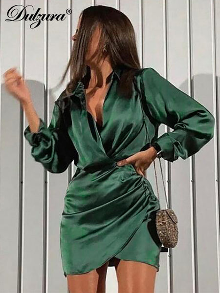 Dulzura Solid Satin Women Long Sleeve V Neck Ruched Wrap Mini Dress Bodycon Sexy Party Elegant 2022 Autumn Winter Clothes