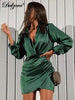 Dulzura Solid Satin Women Long Sleeve V Neck Ruched Wrap Mini Dress Bodycon Sexy Party Elegant 2022 Autumn Winter Clothes
