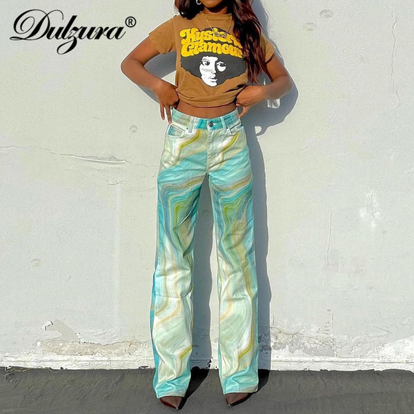 Dulzura Tie Dye Print Women High Waist Wide Leg Jeans Loose Casual Streetwear 2022 Summer Trousers Bottoms Pants Vintage Y2K