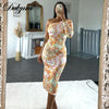 Dulzura Tie Dye Print Women Long Sleeve One Shoulder Midi Dress Bodycon Sexy Streetwear Party Club Elegant 2022 Summer Clothes