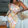 Dulzura Tie Dye Print Women Long Sleeve One Shoulder Midi Dress Bodycon Sexy Streetwear Party Club Elegant 2022 Summer Clothes