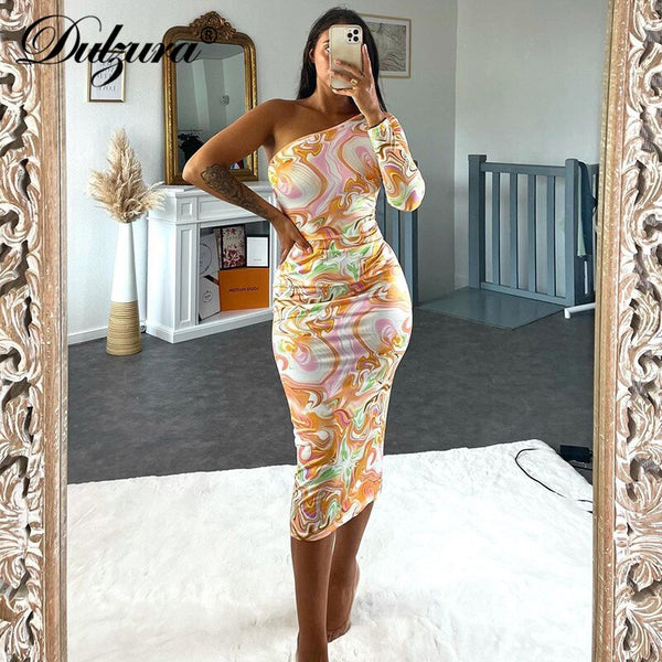 Dulzura Tie Dye Print Women Long Sleeve One Shoulder Midi Dress Bodycon Sexy Streetwear Party Club Elegant 2022 Summer Clothes