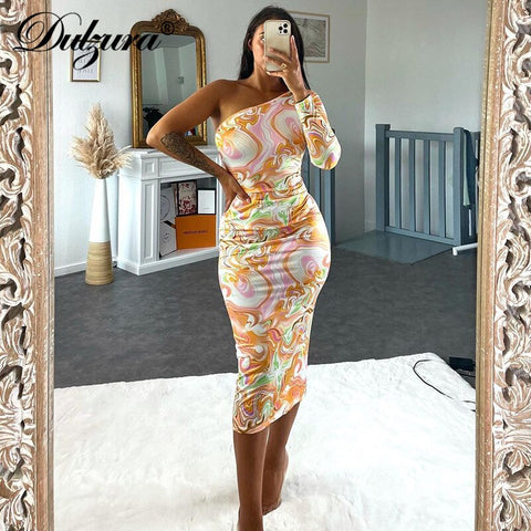 Dulzura Tie Dye Print Women Long Sleeve One Shoulder Midi Dress Bodycon Sexy Streetwear Party Club Elegant 2022 Summer Clothes