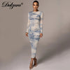 Dulzura Tie Dye Print Women Long Sleeve  Ruched Midi Dress O Neck Bodycon Sexy Streetwear 2022 Autumn Winter Clothes Slim Club