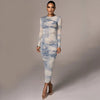 Dulzura Tie Dye Print Women Long Sleeve  Ruched Midi Dress O Neck Bodycon Sexy Streetwear 2022 Autumn Winter Clothes Slim Club