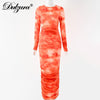 Dulzura Tie Dye Print Women Long Sleeve  Ruched Midi Dress O Neck Bodycon Sexy Streetwear 2022 Autumn Winter Clothes Slim Club