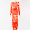 Dulzura Tie Dye Print Women Long Sleeve  Ruched Midi Dress O Neck Bodycon Sexy Streetwear 2022 Autumn Winter Clothes Slim Club