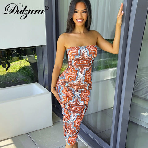 Dulzura Tie Dye Print Women Ruched Tube Midi Dress Bodycon Sexy Streetwear Party Club Elegant 2022 Summer Festival Clothes Y2K