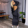 Dulzura Women Pure Midi Dress Long Sleeve Gloves Hollow Out Backless Bodycon Sexy Party Elegant Streetwear Autumn Winter 2022