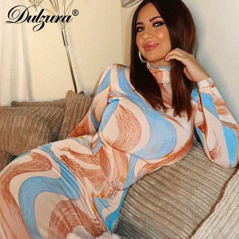 Dulzura print women midi dress long sleeve bodycon sexy slit turtleneck party 2023 spring summer festival clothing club elegant