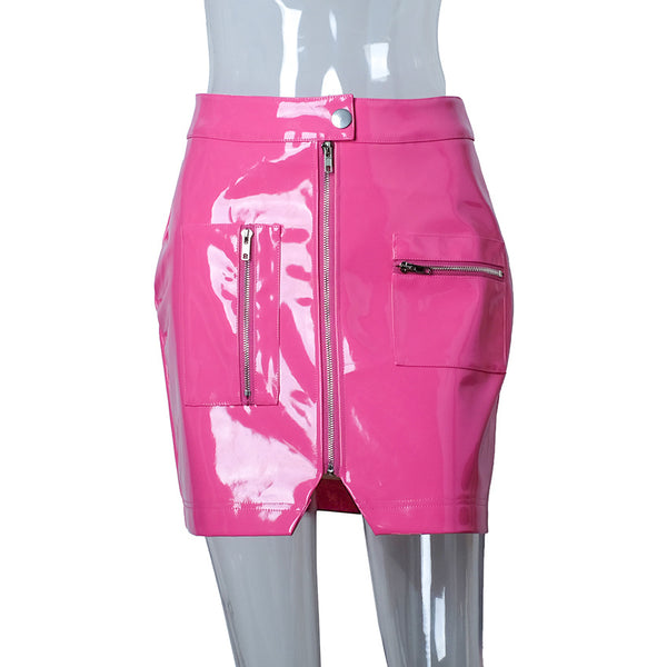 zipper pocket PU leather mini female skirt 2022 summer autumn sexy pink solid women party bottom
