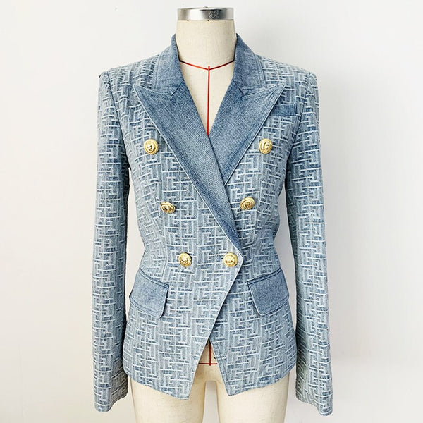 E GIRLS 2023 Designer Jacket Women Slim Fitting Double Breasted Lion Buttons Geometric Denim Blazer