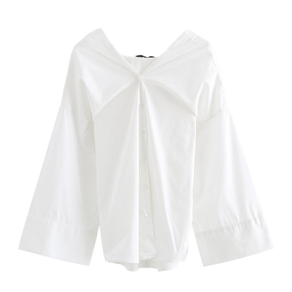Autumn New V Collar Single Row Buckle Woman Long Sleeve Solid Color White Brief Shirt Fashion All-match J13800