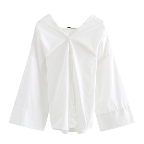Autumn New V Collar Single Row Buckle Woman Long Sleeve Solid Color White Brief Shirt Fashion All-match J13800