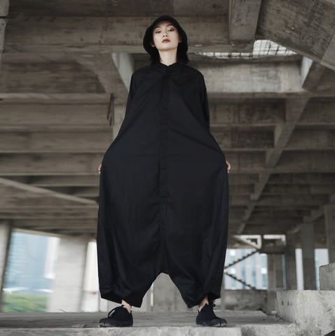 Autumn Trendy New Personality Loose Big Size Solid Color Half Sleeve O-neck Jumpsuit Women