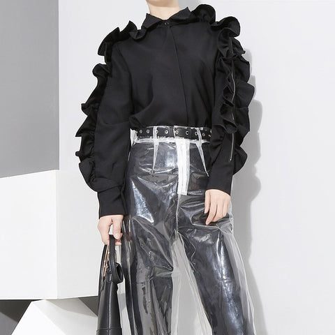 AutumnFashion New Pattern Korean Solid Color Ruffles Side Long Sleeve Zipper Black White Shirt Tide Tops Woman