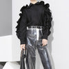 AutumnFashion New Pattern Korean Solid Color Ruffles Side Long Sleeve Zipper Black White Shirt Tide Tops Woman