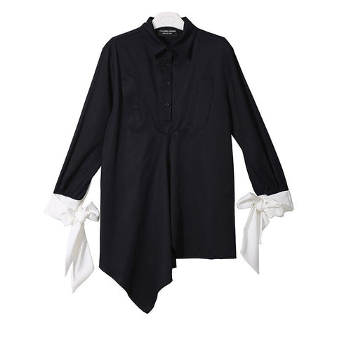New Autumn Lapel Long Sleeve Black Cuff Bandage Bow Loose Long Irregular Shirt Women Blouse Fashion Tide JG728