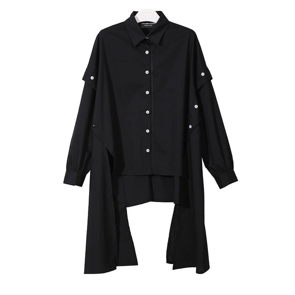 New Autumn Lapel Long Sleeve Black Irregular Hem Button Split Joint Loose Big Size Shirt Women Bouse Fashion JG725