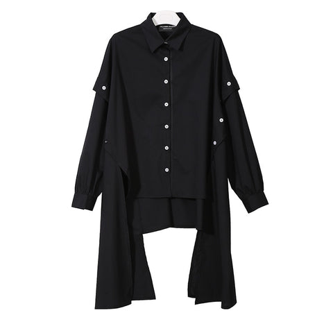 New Autumn Lapel Long Sleeve Black Irregular Hem Button Split Joint Loose Big Size Shirt Women Bouse Fashion JG725