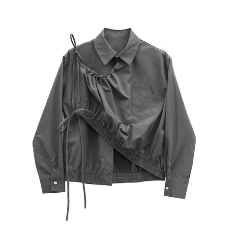 New Autumn Lapel Long Sleeve White Ruffles Split Joint Irregular Personality Bandage Shirt Women Blouse Fashion JG820