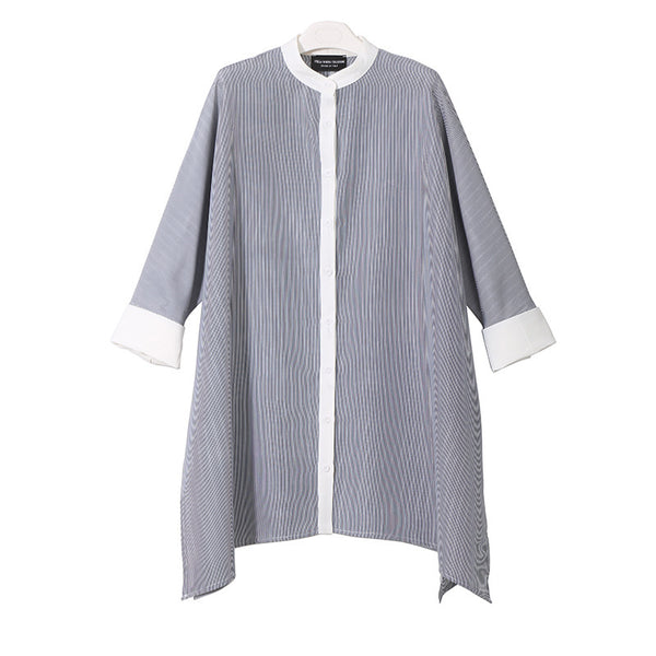 New Autumn Stand Collar Long Sleeve Red Striped Split Joint Loose Big Size Irregular Shirt Women Blouse Fashion JG727