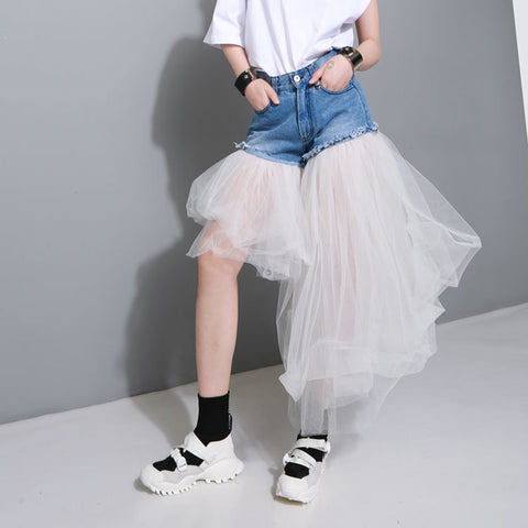 New Autumn Summer High Waist Blue Denim Mesh Split Joint Irregular Jeans Women Trousers Fashion Tide JE87005S