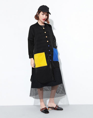 New Autumn Turn-down Collar Hit Color Pocket Stitch Big Size Long Thin Sunscreen Shirt Women Blouse Fashion JF73