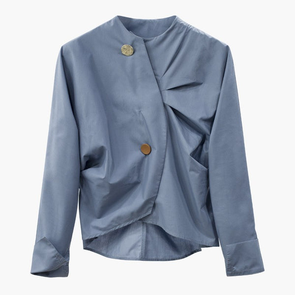 New Autumn Winter Stand Collar Long Sleeve Blue Fold Split Joint Loose Irregular Shirt Women Blouse Fashion JH016