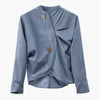 New Autumn Winter Stand Collar Long Sleeve Blue Fold Split Joint Loose Irregular Shirt Women Blouse Fashion JH016
