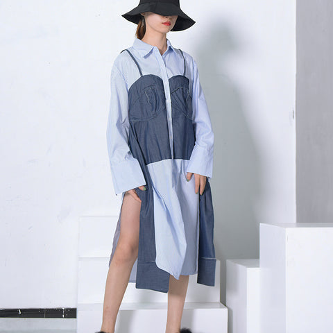 New Lapel Long Sleeve Pattern Stitching Cowboy False Two Blouse Blue Stripe Side High Vent Fashion Shirt Woman Y8